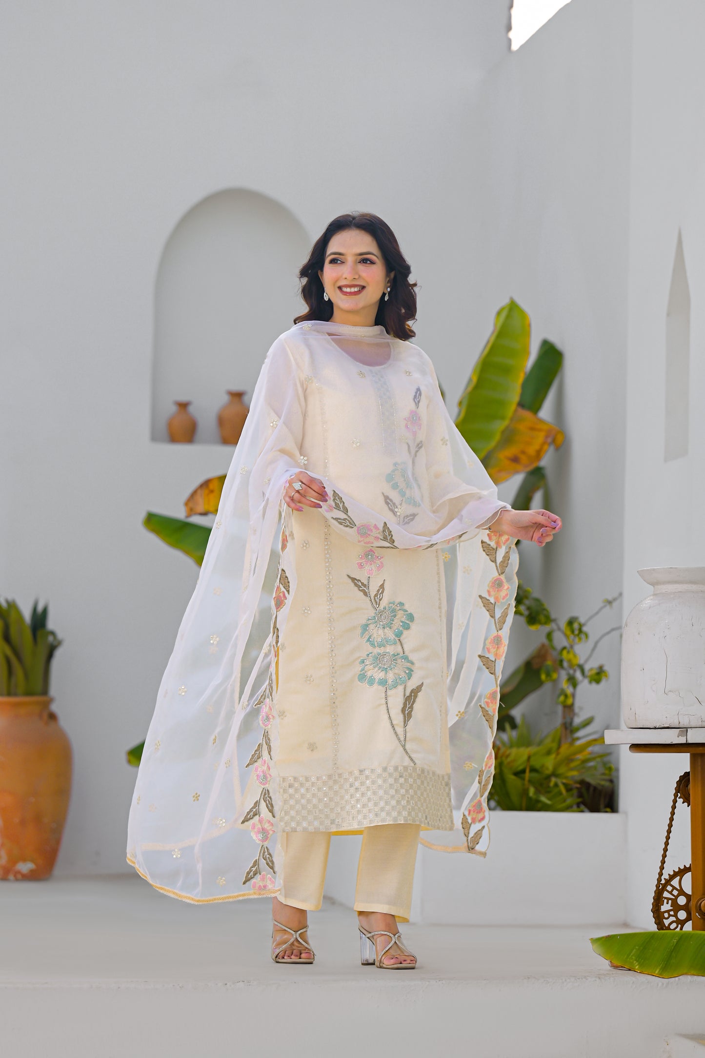 Desert Sand Embroidered Roam Sillk Suit Set with Dupatta