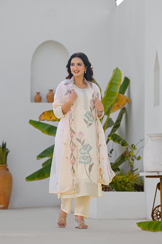 Desert Sand Embroidered Roam Sillk Suit Set with Dupatta