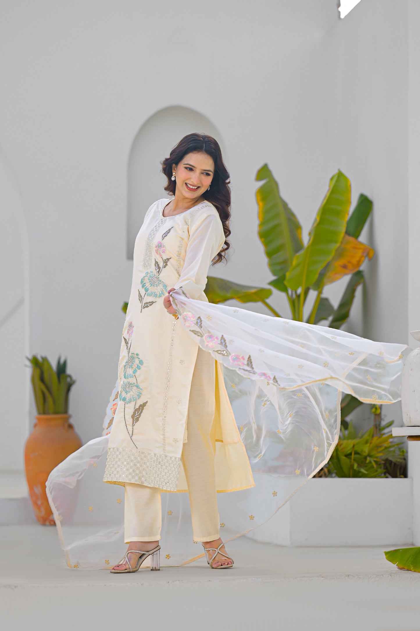 Desert Sand Embroidered Roam Sillk Suit Set with Dupatta