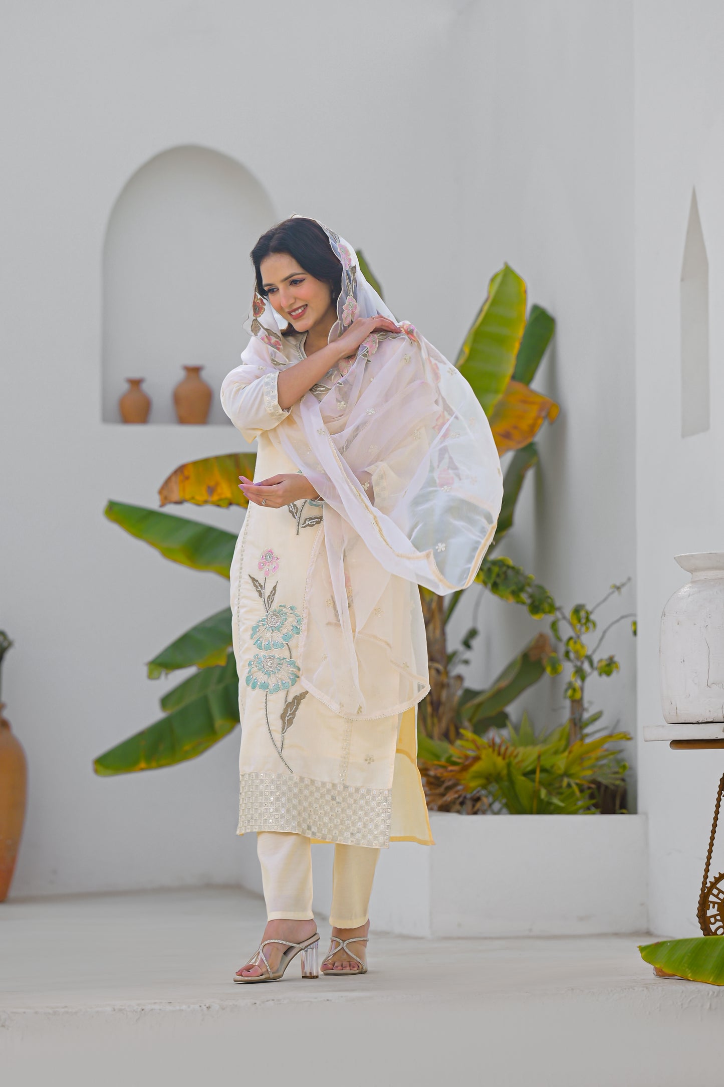 Desert Sand Embroidered Roam Sillk Suit Set with Dupatta
