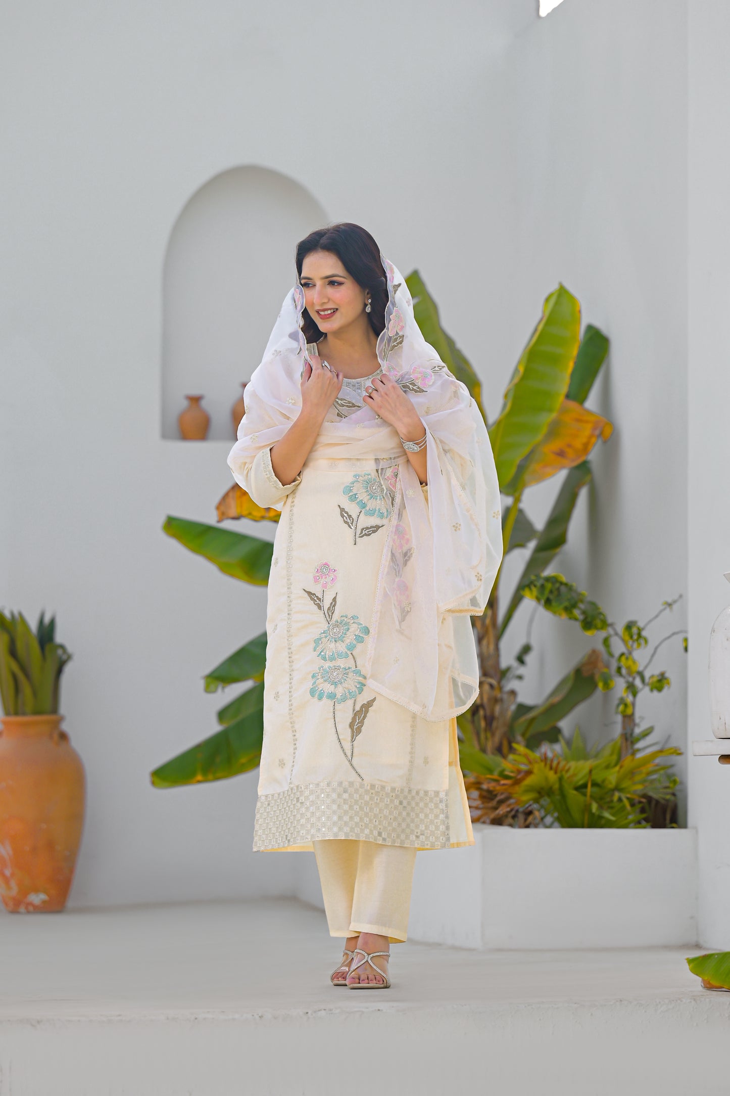 Desert Sand Embroidered Roam Sillk Suit Set with Dupatta