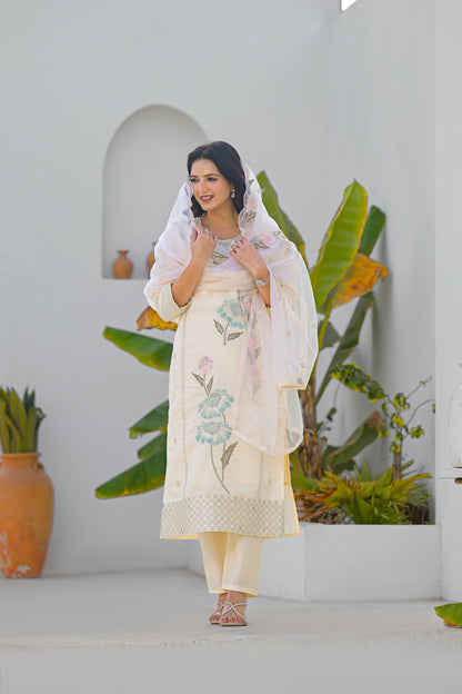 Desert Sand Embroidered Roam Sillk Suit Set with Dupatta