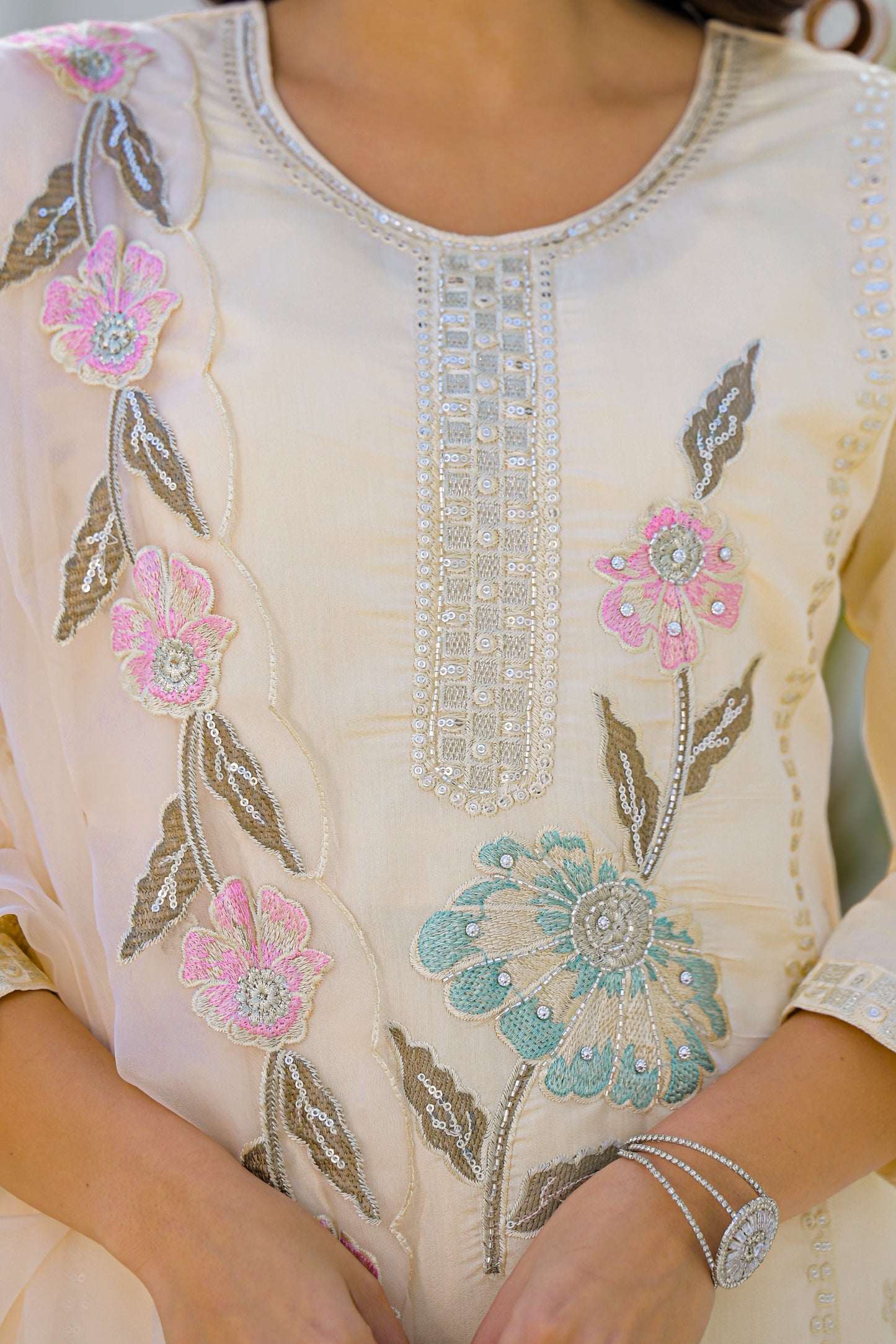 Desert Sand Embroidered Roam Sillk Suit Set with Dupatta