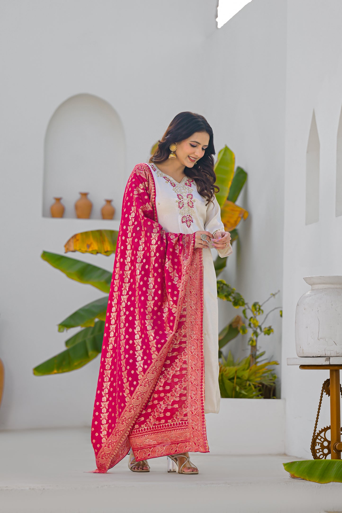 Vanilla Embroidered Glass Roman Silk Suit Set with Dupatta