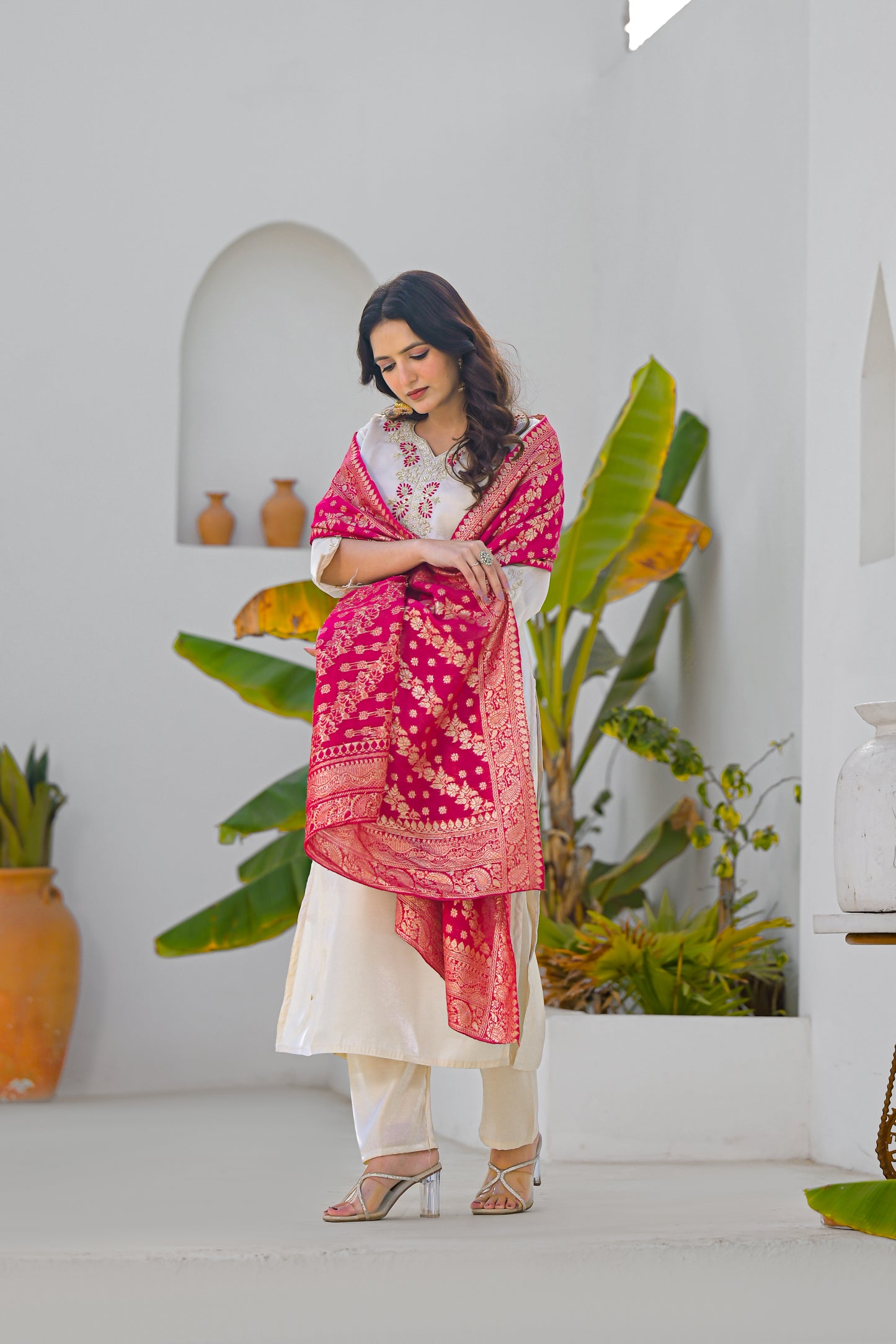 Vanilla Embroidered Glass Roman Silk Suit Set with Dupatta