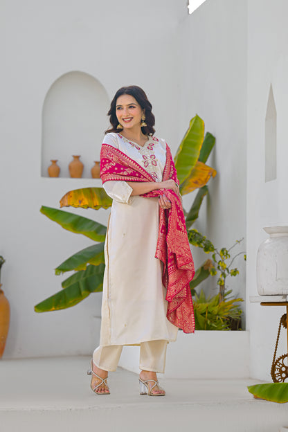 Vanilla Embroidered Glass Roman Silk Suit Set with Dupatta