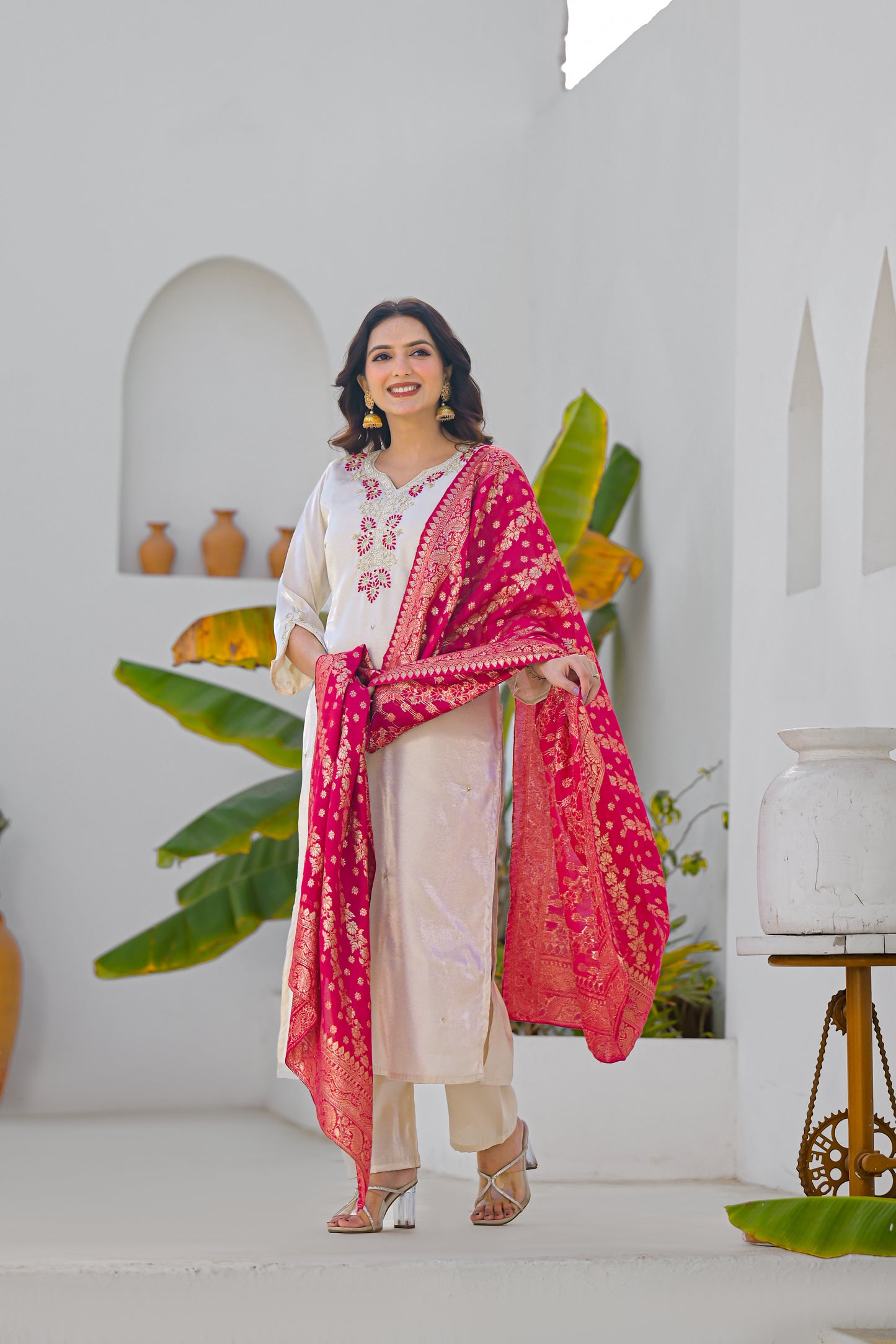 Vanilla Embroidered Glass Roman Silk Suit Set with Dupatta