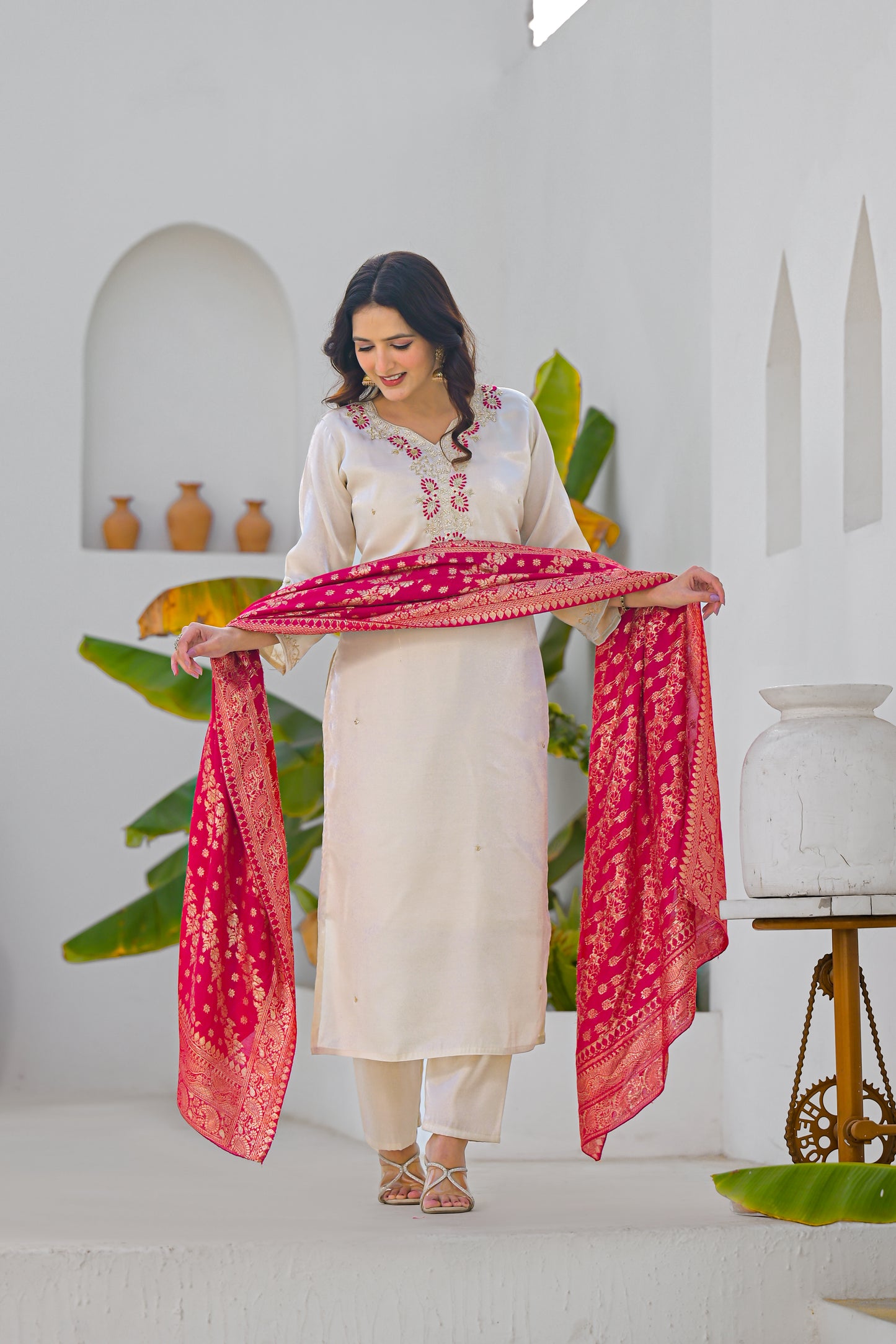 Vanilla Embroidered Glass Roman Silk Suit Set with Dupatta