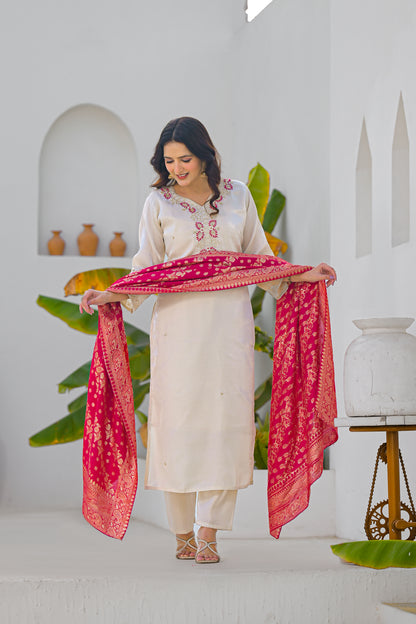 Vanilla Embroidered Glass Roman Silk Suit Set with Dupatta