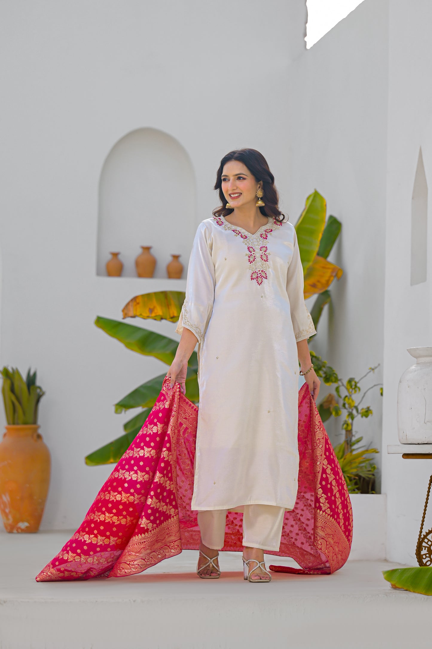 Vanilla Embroidered Glass Roman Silk Suit Set with Dupatta