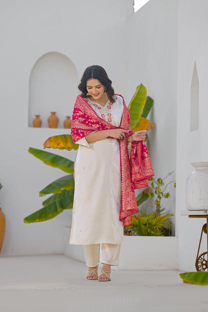 Vanilla Embroidered Glass Roman Silk Suit Set with Dupatta