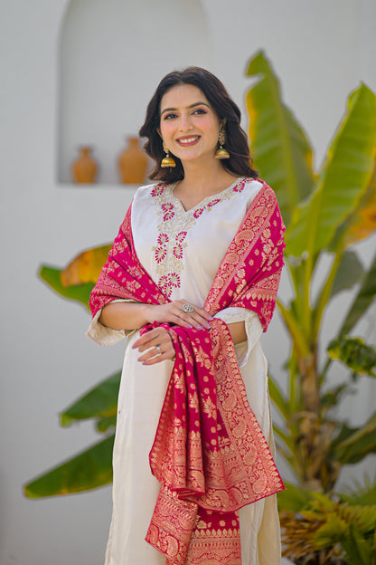 Vanilla Embroidered Glass Roman Silk Suit Set with Dupatta