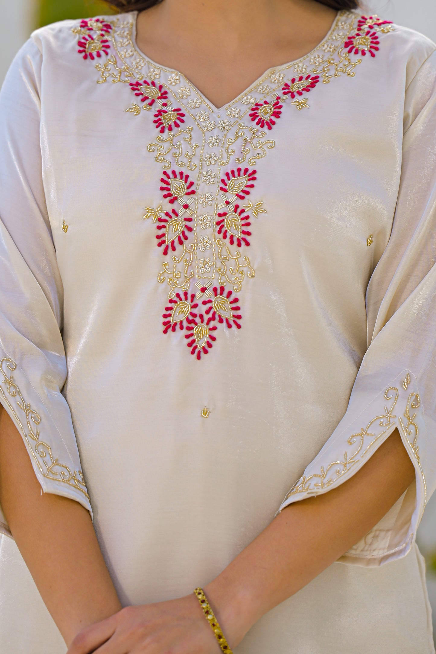 Vanilla Embroidered Glass Roman Silk Suit Set with Dupatta