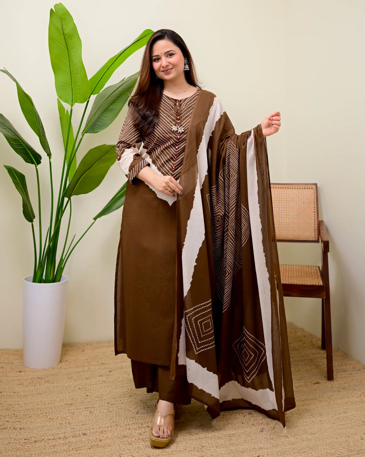 Brown Bandhej Mirror Work Cotton Kurta and Pant Set with Dupatta