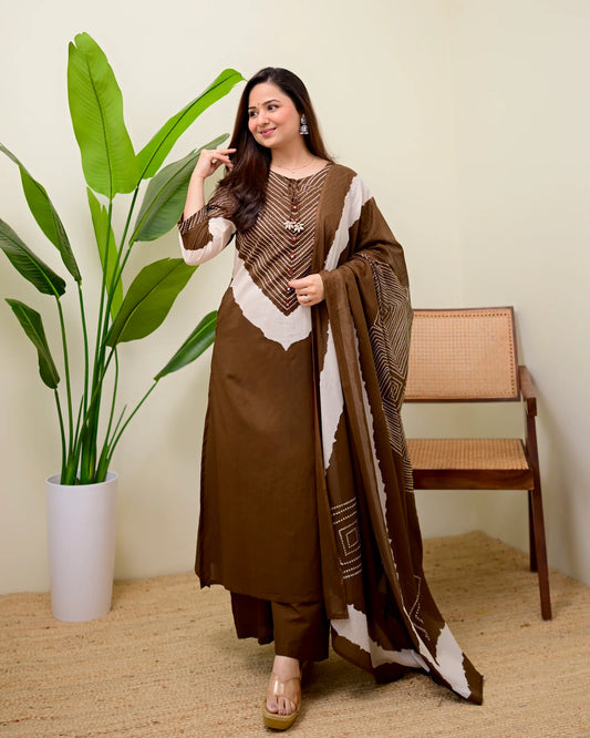 Brown Bandhej Mirror Work Cotton Kurta and Pant Set with Dupatta