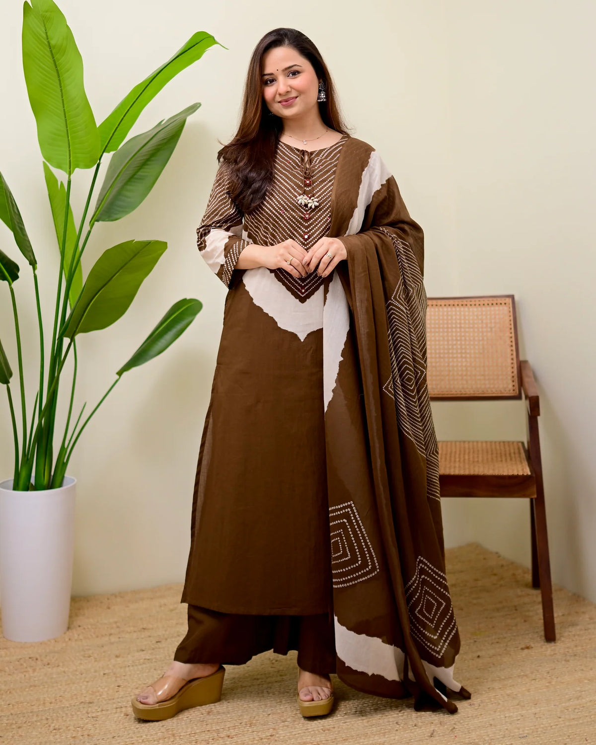 Brown Bandhej Mirror Work Cotton Kurta and Pant Set with Dupatta