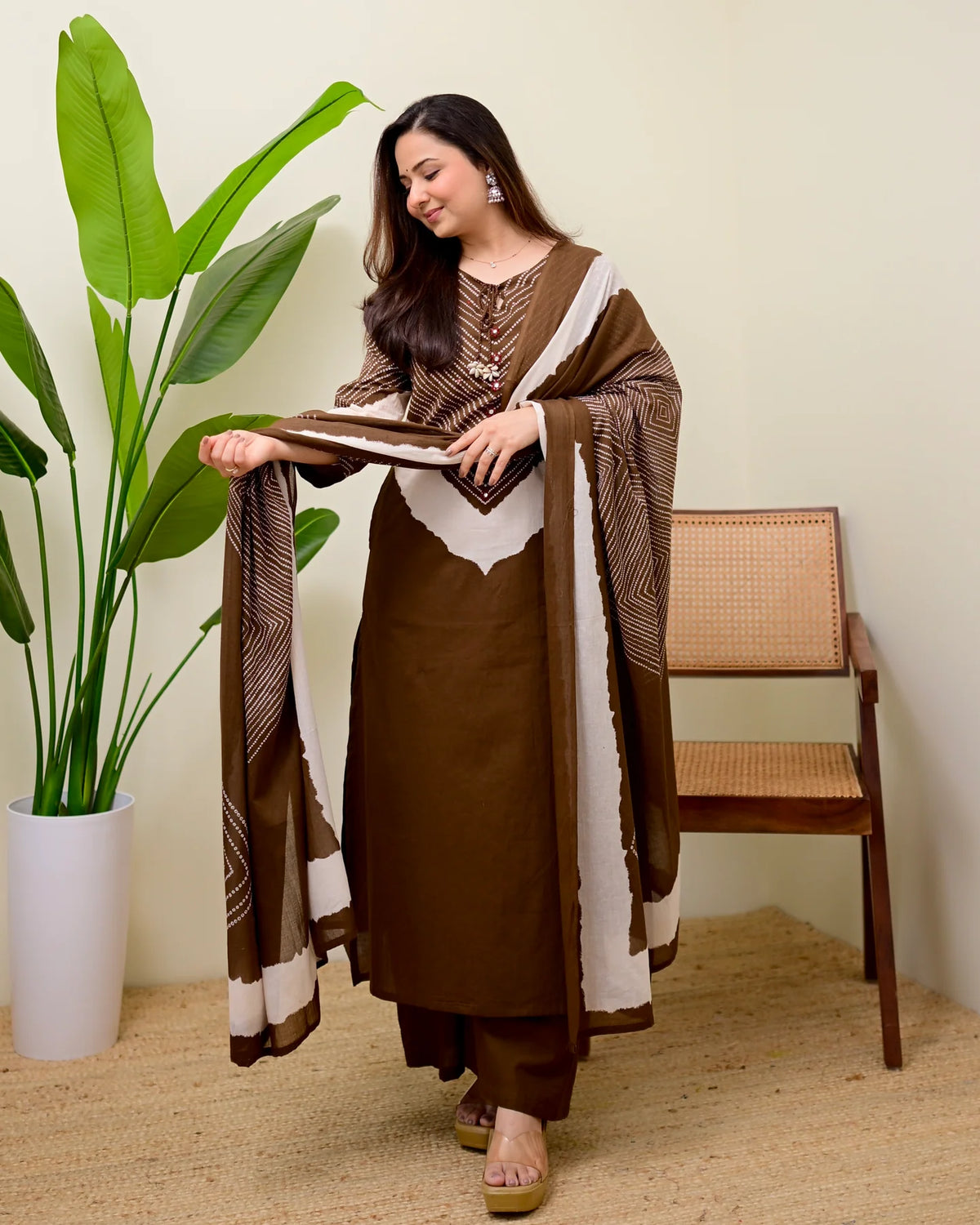 Brown Bandhej Mirror Work Cotton Kurta and Pant Set with Dupatta