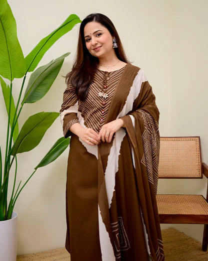 Brown Bandhej Mirror Work Cotton Kurta and Pant Set with Dupatta