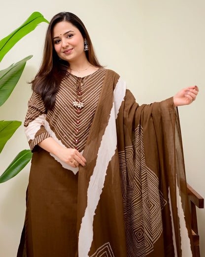 Brown Bandhej Mirror Work Cotton Kurta and Pant Set with Dupatta