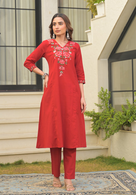 Red Embroidered Cotton Flex Kurta and Pant Set