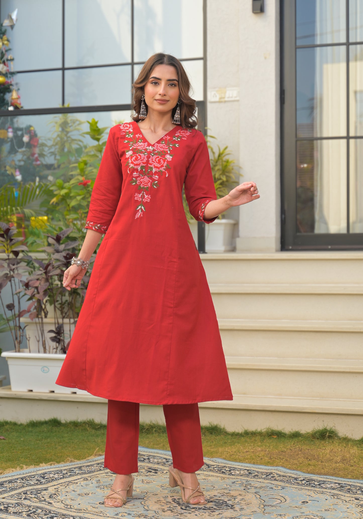 Red Embroidered Cotton Flex Kurta and Pant Set