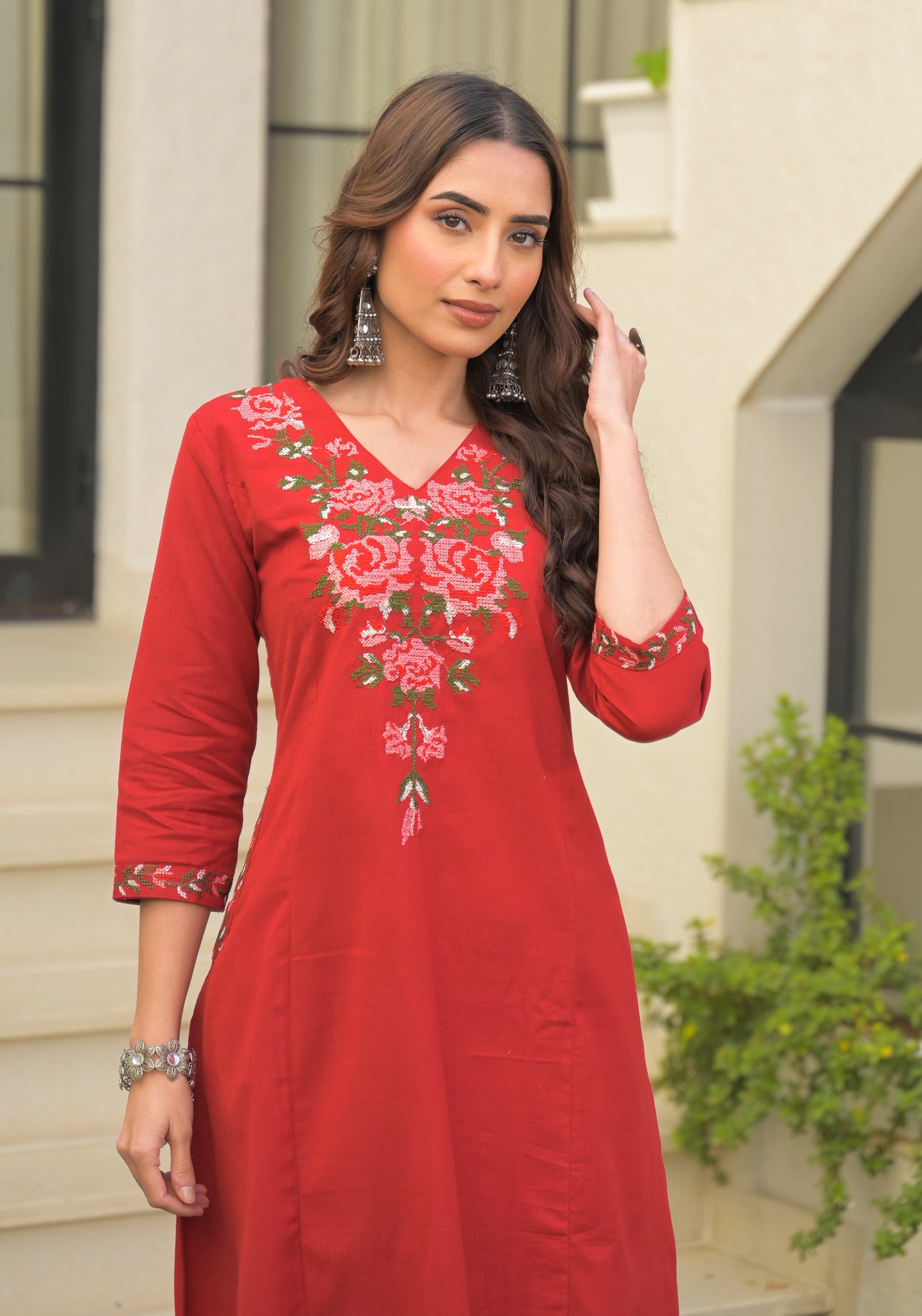 Red Embroidered Cotton Flex Kurta and Pant Set