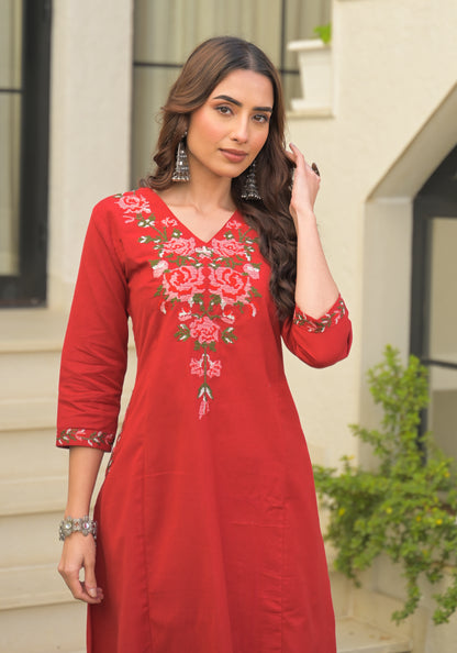 Red Embroidered Cotton Flex Kurta and Pant Set
