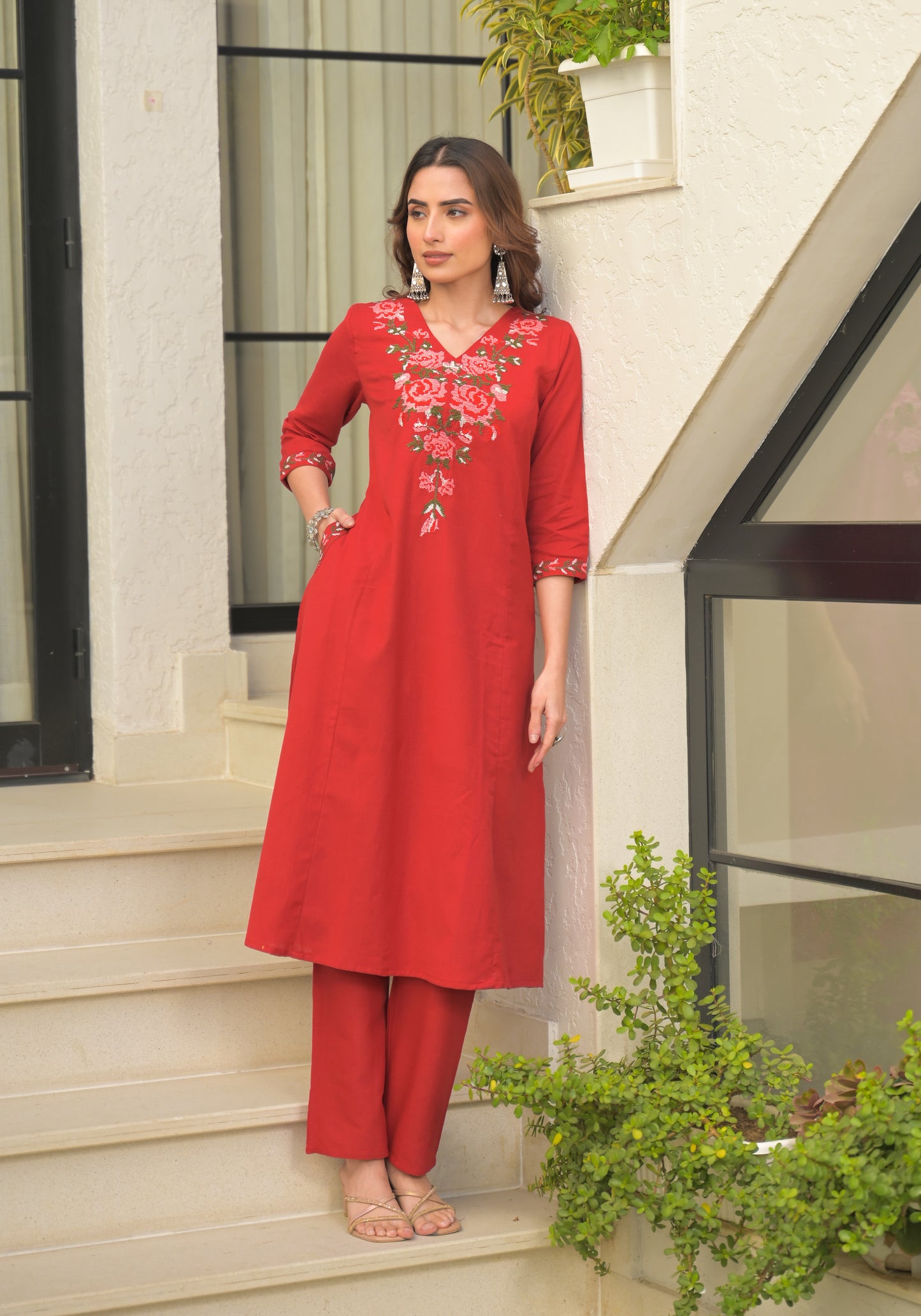 Red Embroidered Cotton Flex Kurta and Pant Set