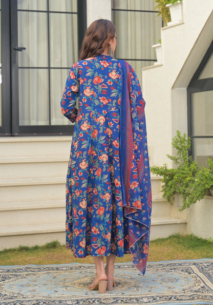 Blue Floral Printed Cotton Anarkali Gown with Dupatta