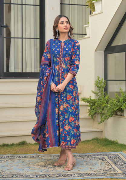 Blue Floral Printed Cotton Anarkali Gown with Dupatta