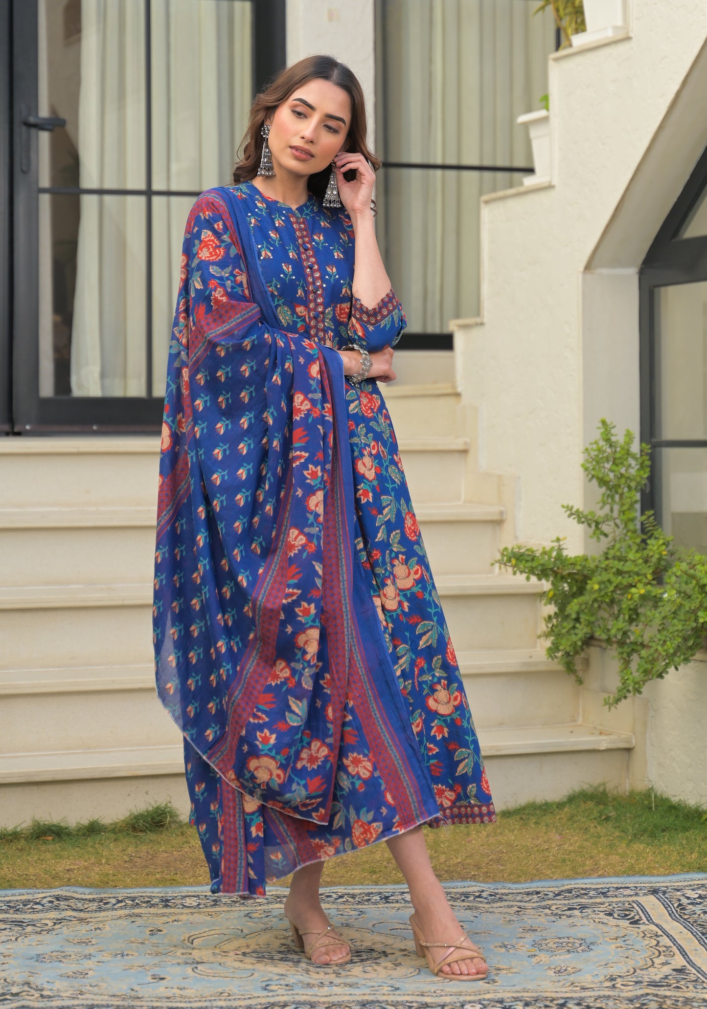 Blue Floral Printed Cotton Anarkali Gown with Dupatta