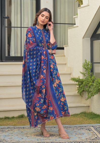 Blue Floral Printed Cotton Anarkali Gown with Dupatta