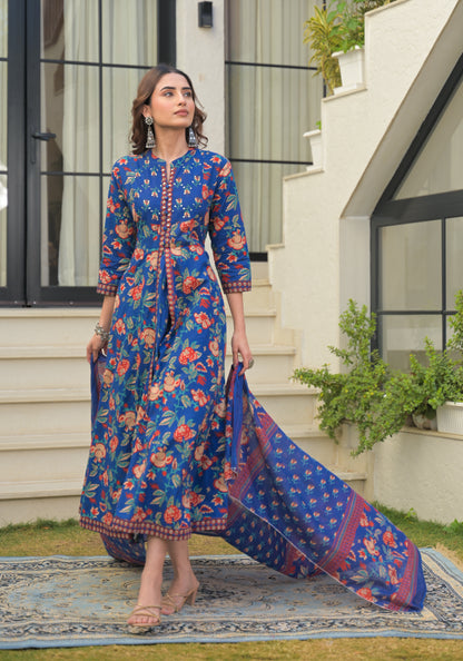Blue Floral Printed Cotton Anarkali Gown with Dupatta