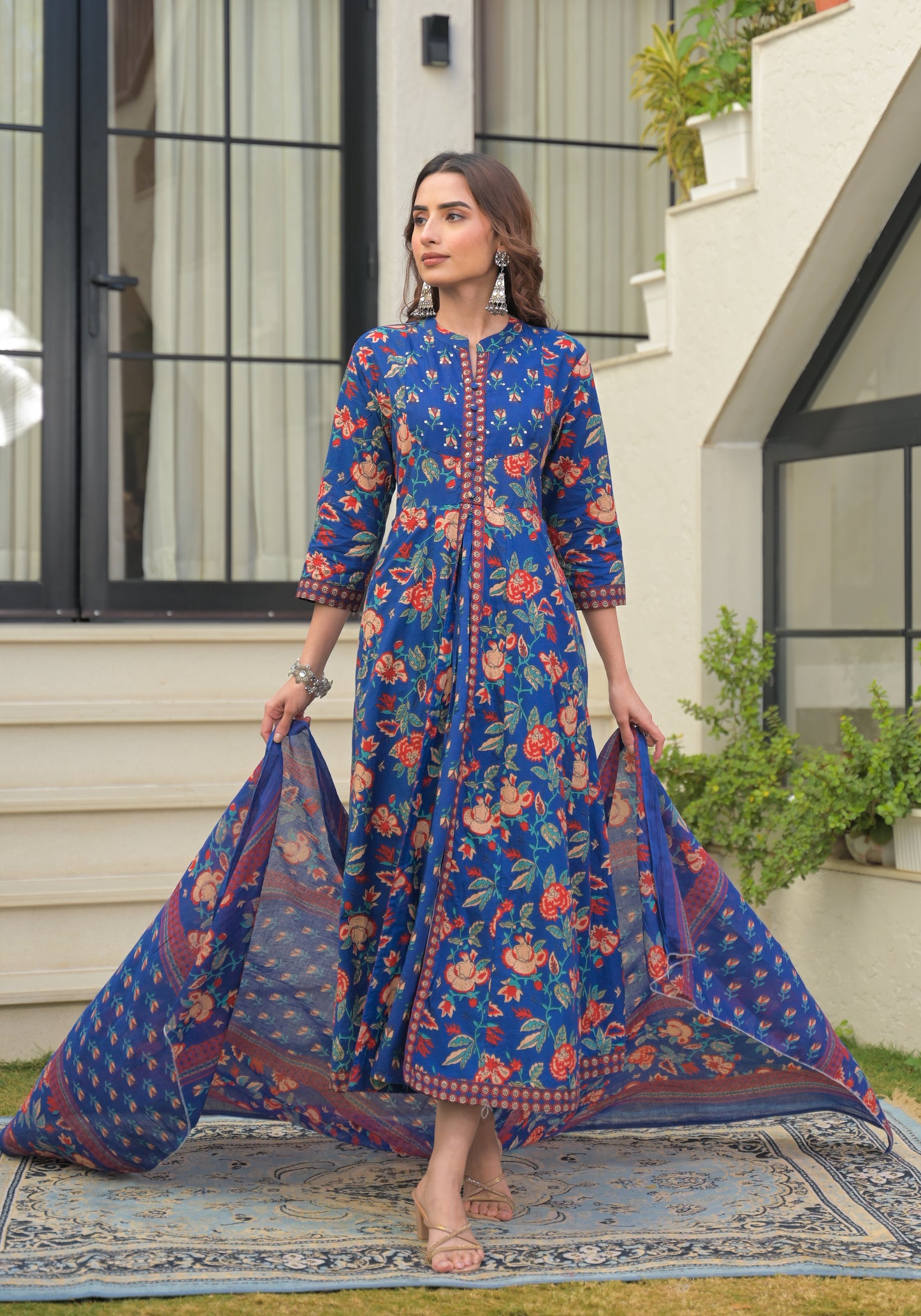 Blue Floral Printed Cotton Anarkali Gown with Dupatta