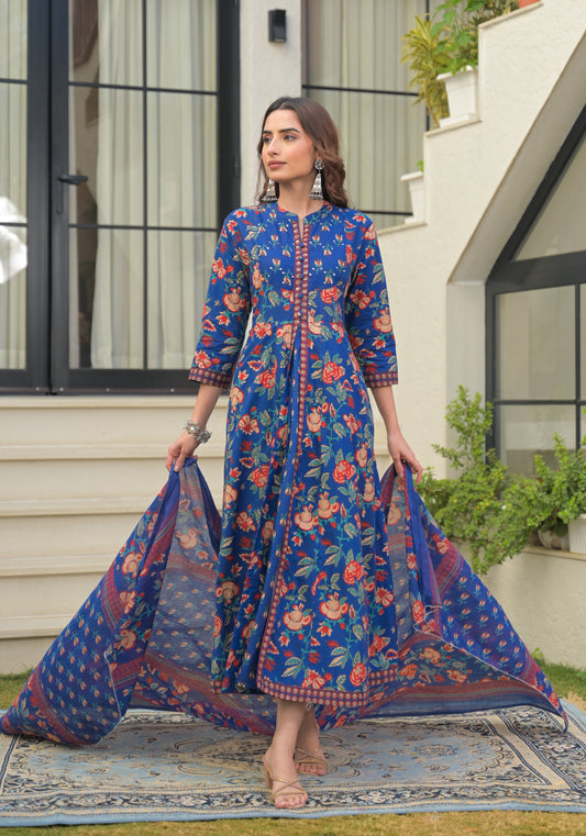 Blue Floral Printed Cotton Anarkali Gown with Dupatta