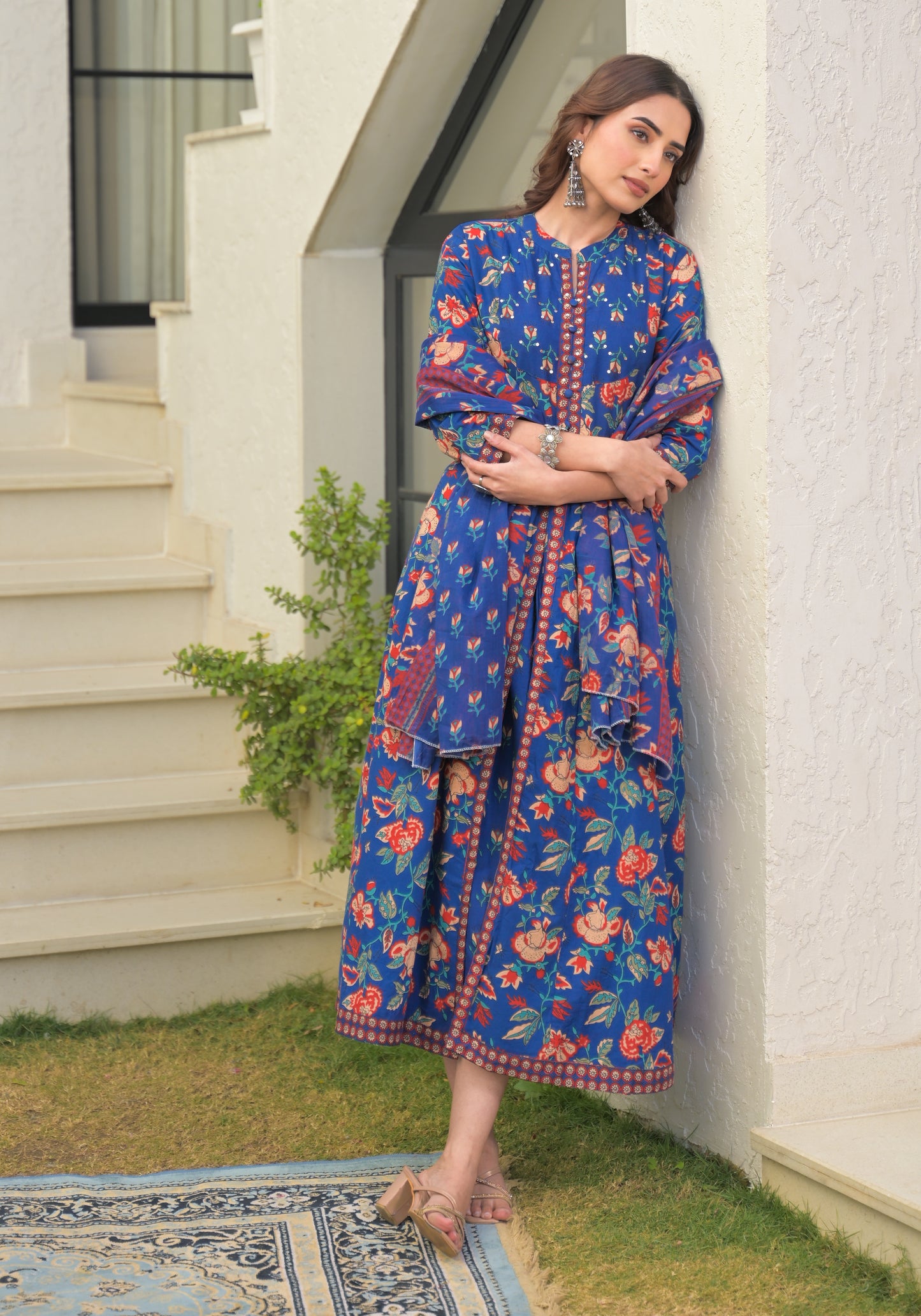 Blue Floral Printed Cotton Anarkali Gown with Dupatta