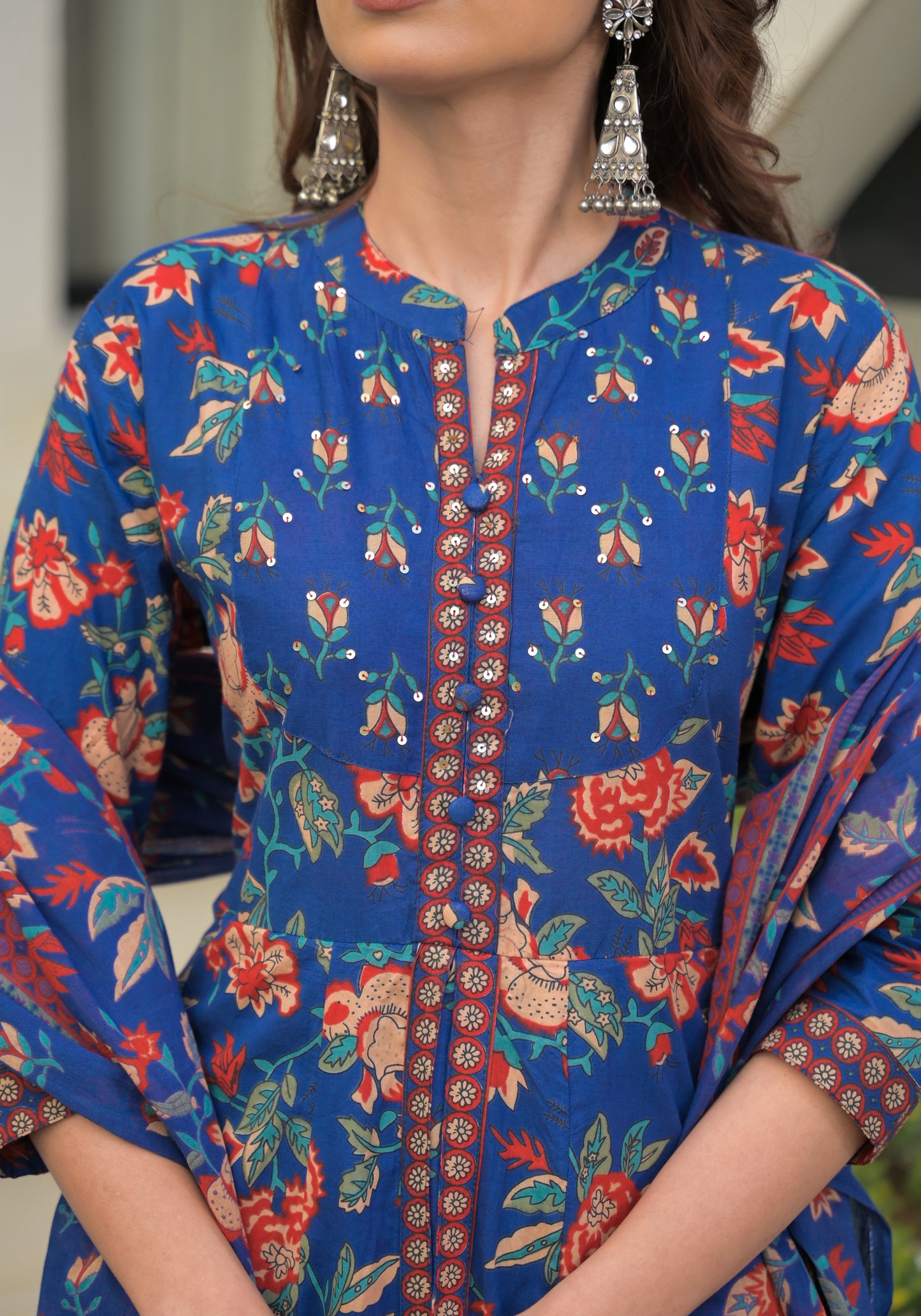 Blue Floral Printed Cotton Anarkali Gown with Dupatta