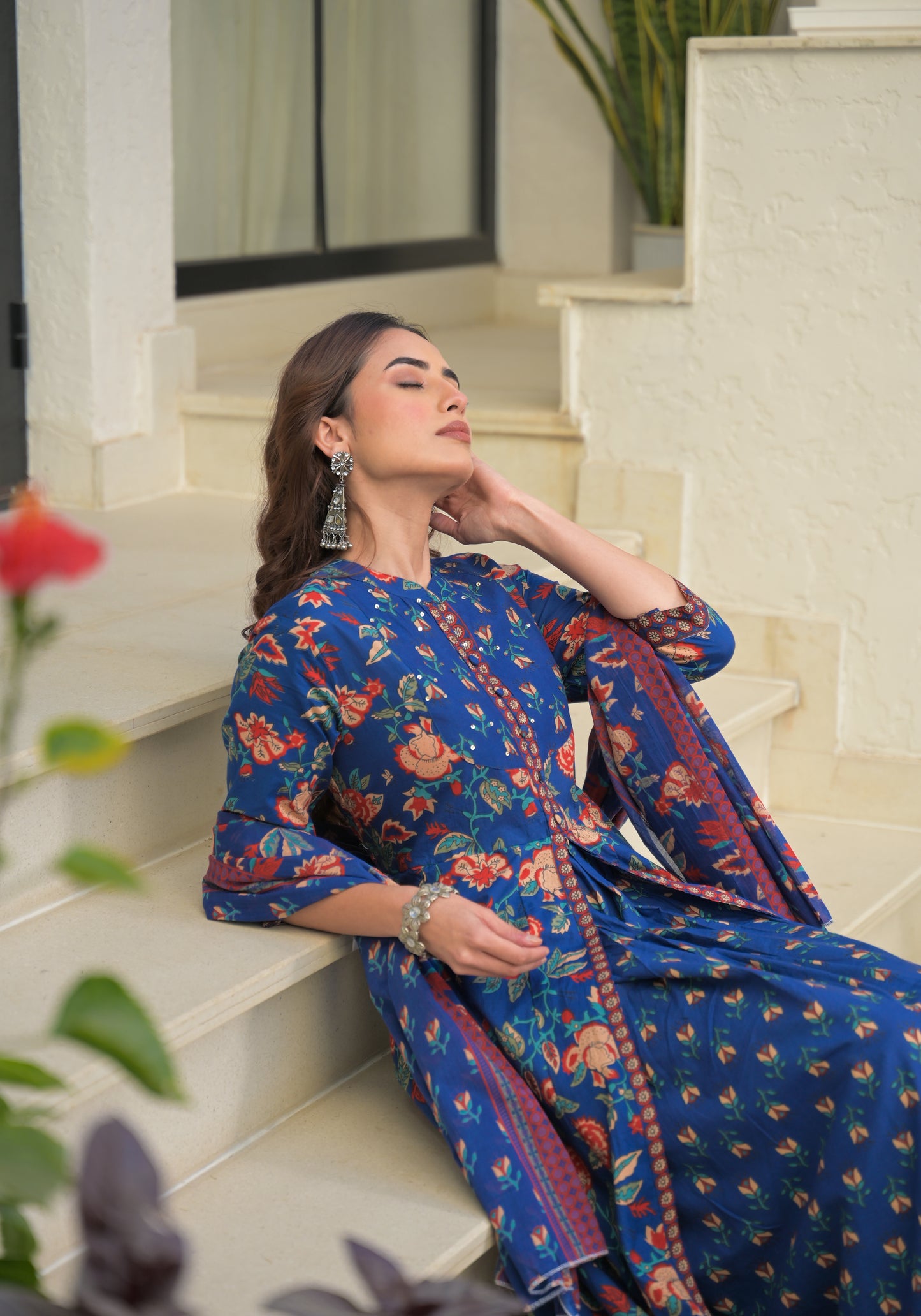 Blue Floral Printed Cotton Anarkali Gown with Dupatta