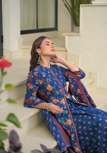 Blue Floral Printed Cotton Anarkali Gown with Dupatta