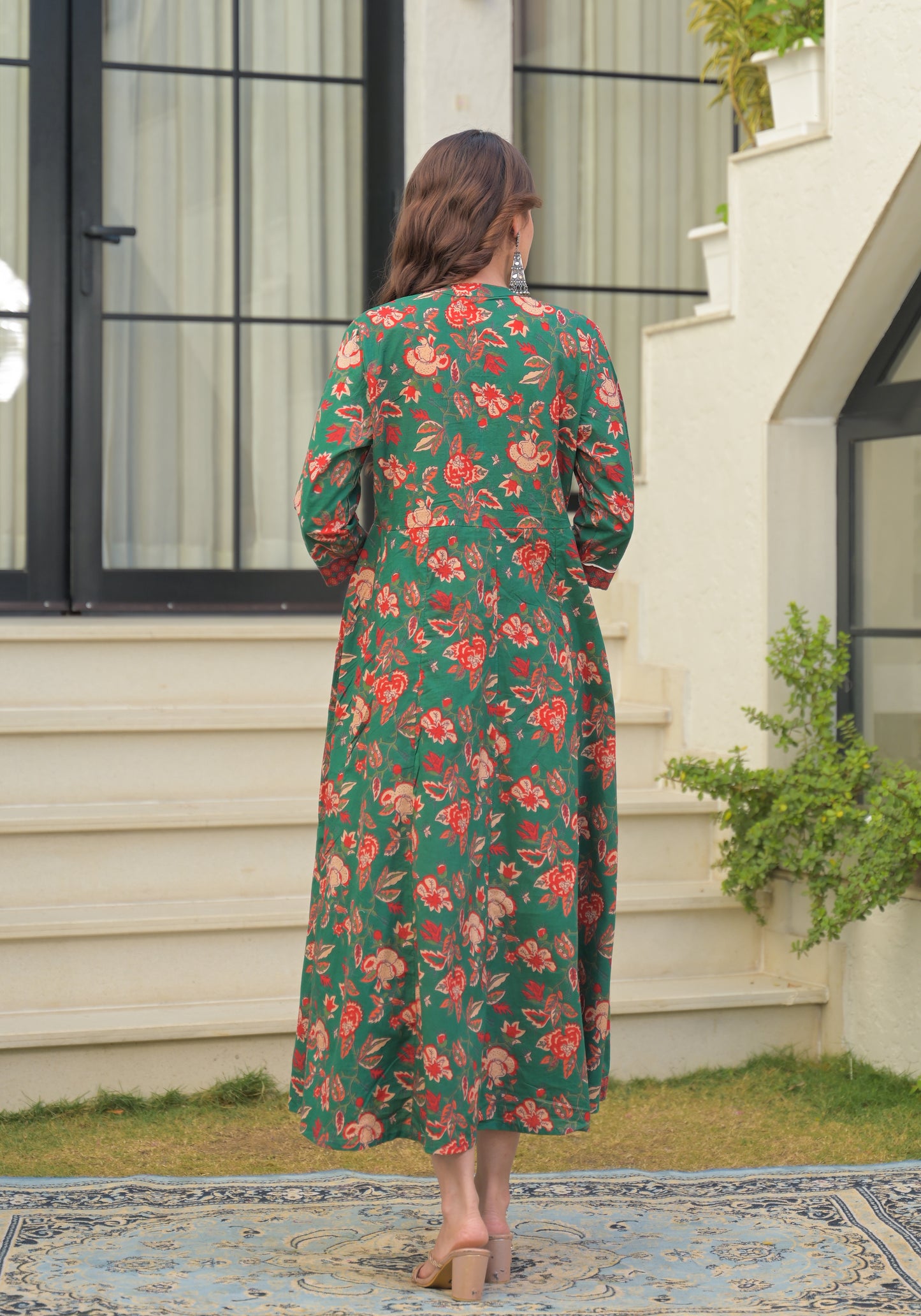 Green Floral Printed Cotton Anarkali Gown with Dupatta (Copy)