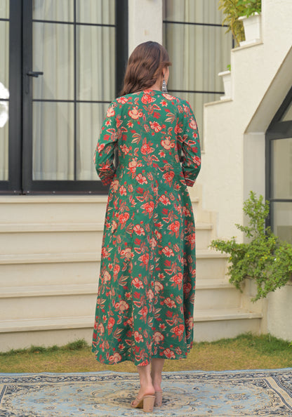 Green Floral Printed Cotton Anarkali Gown with Dupatta (Copy)