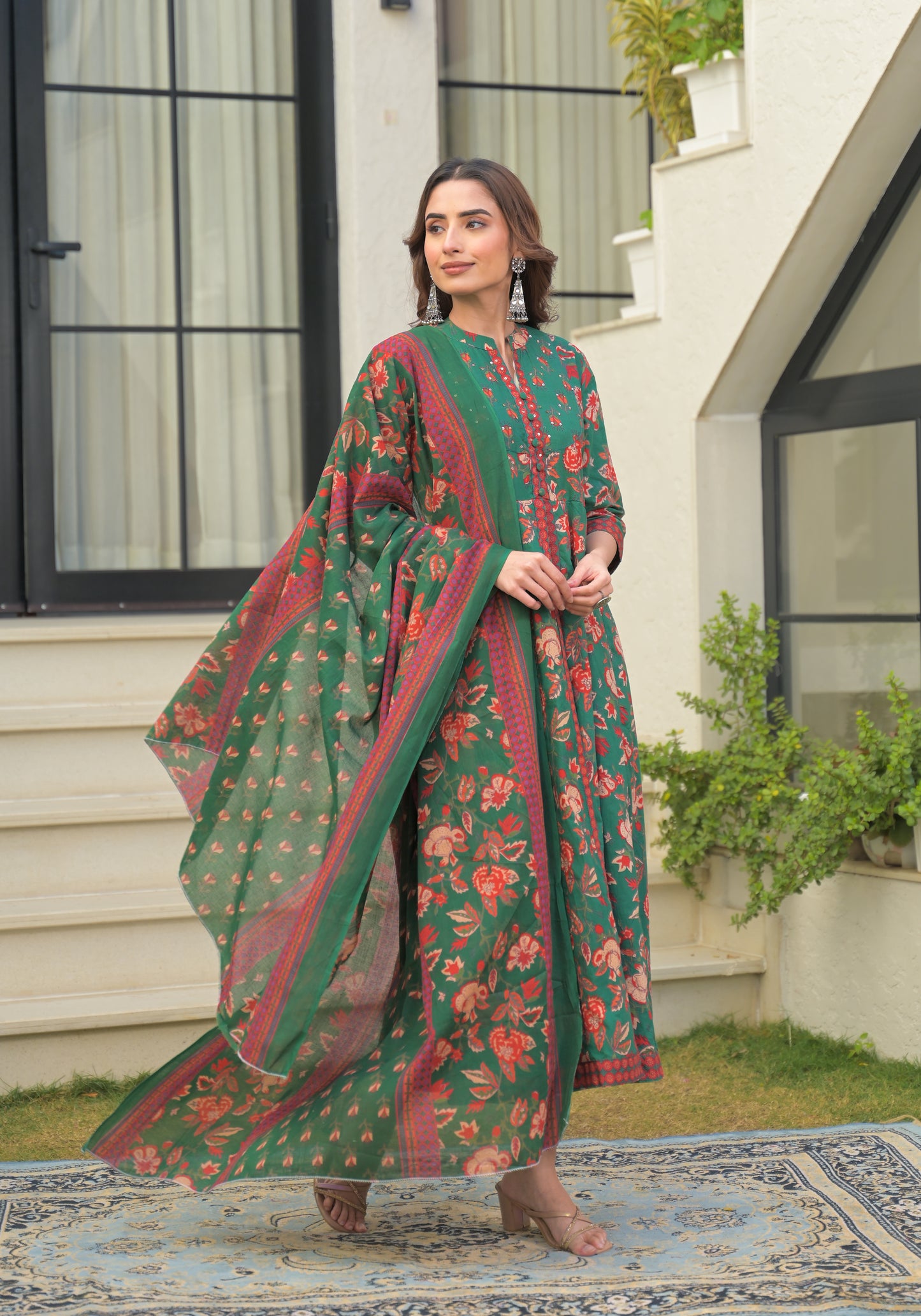 Green Floral Printed Cotton Anarkali Gown with Dupatta (Copy)