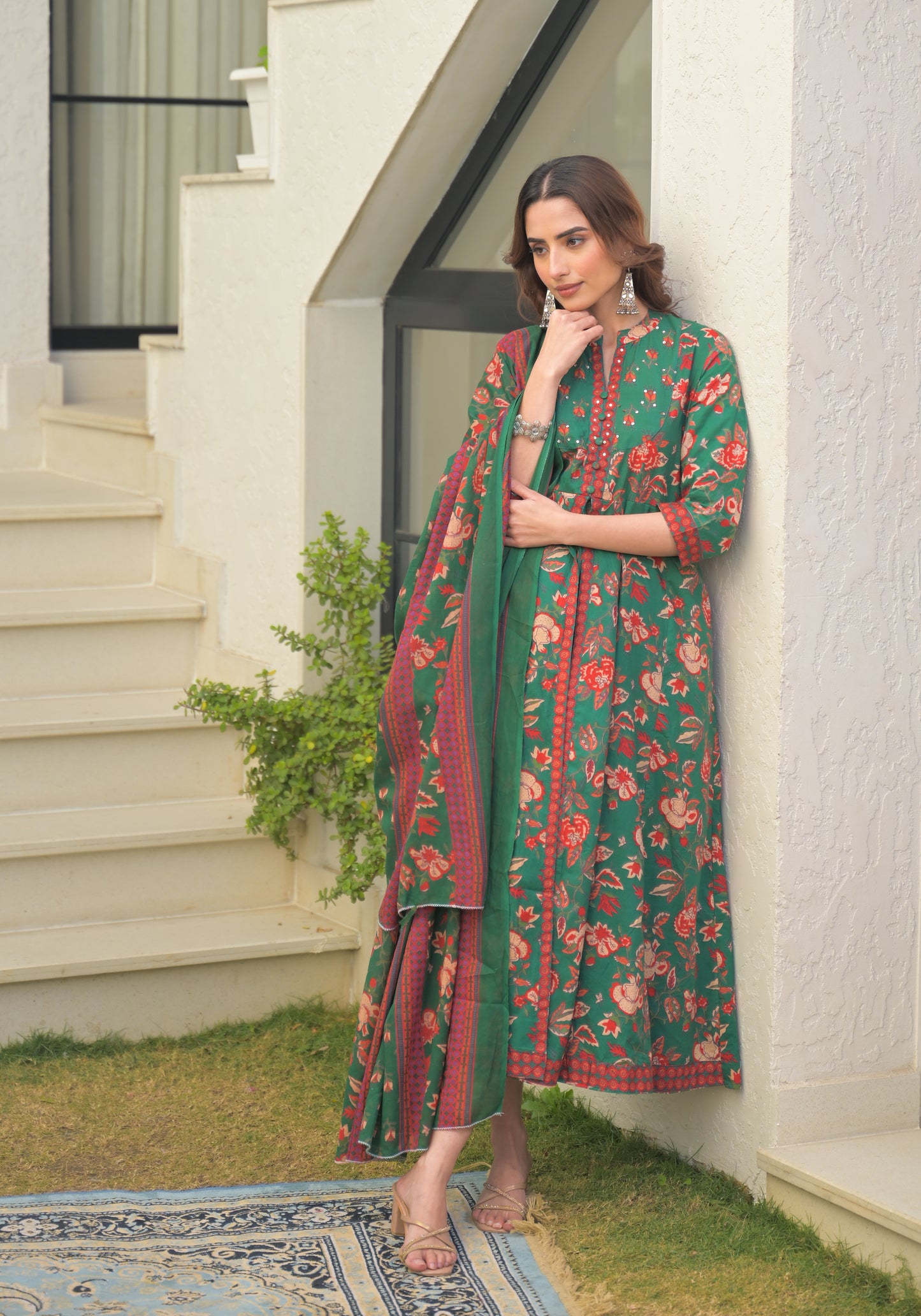 Green Floral Printed Cotton Anarkali Gown with Dupatta (Copy)