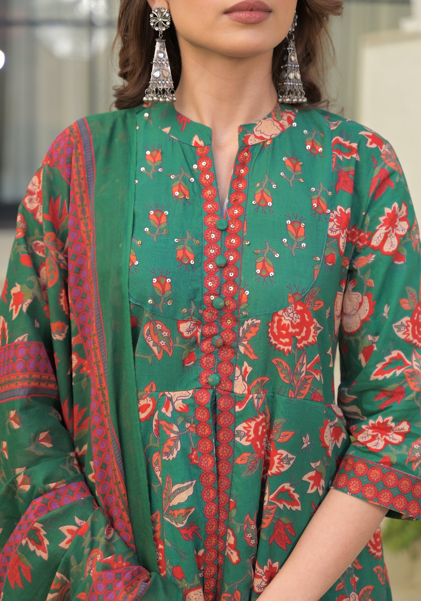 Green Floral Printed Cotton Anarkali Gown with Dupatta (Copy)