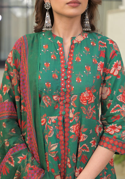 Green Floral Printed Cotton Anarkali Gown with Dupatta (Copy)