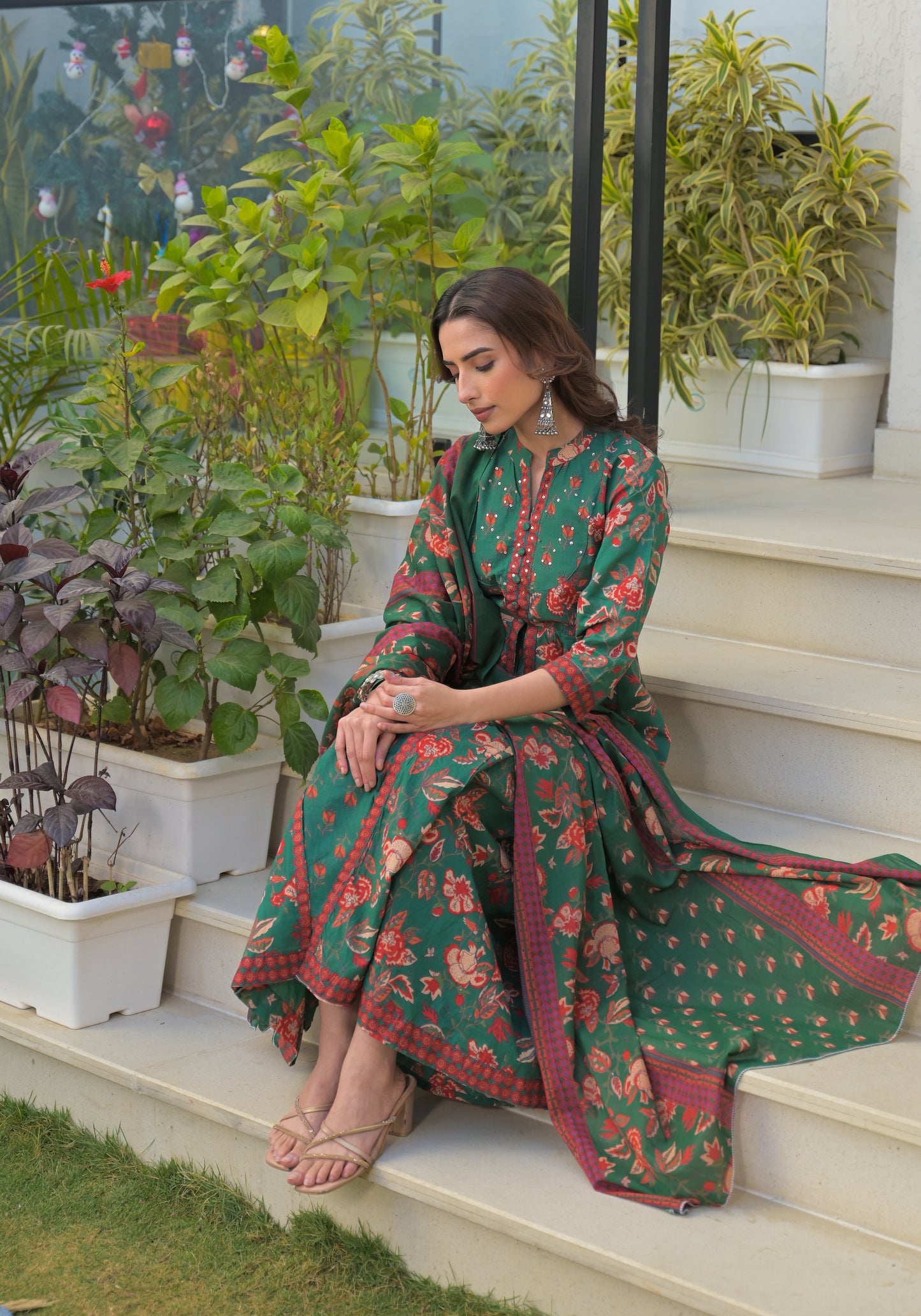 Green Floral Printed Cotton Anarkali Gown with Dupatta (Copy)