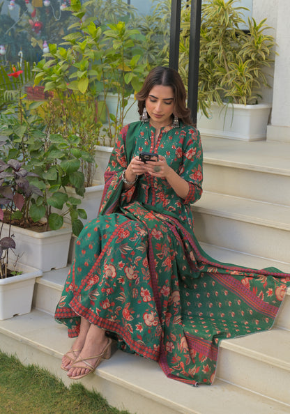 Green Floral Printed Cotton Anarkali Gown with Dupatta (Copy)
