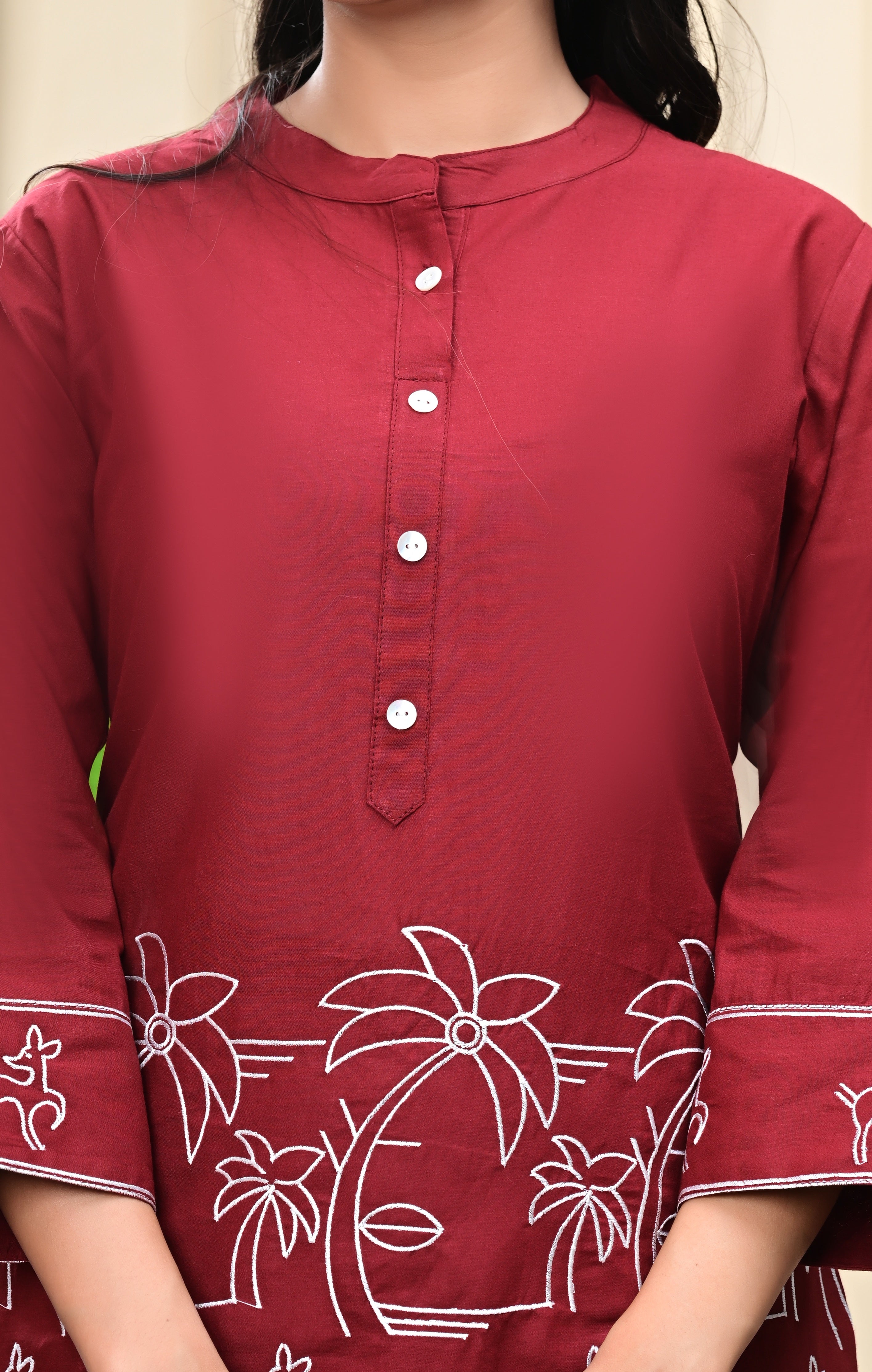 Maroon Embroidered Cotton Co-Ord Set