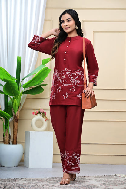 Maroon Embroidered Cotton Co-Ord Set