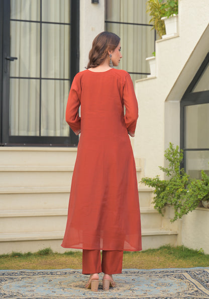 Dusty Red Embroidered Pure Mul Chanderi Suit Set
